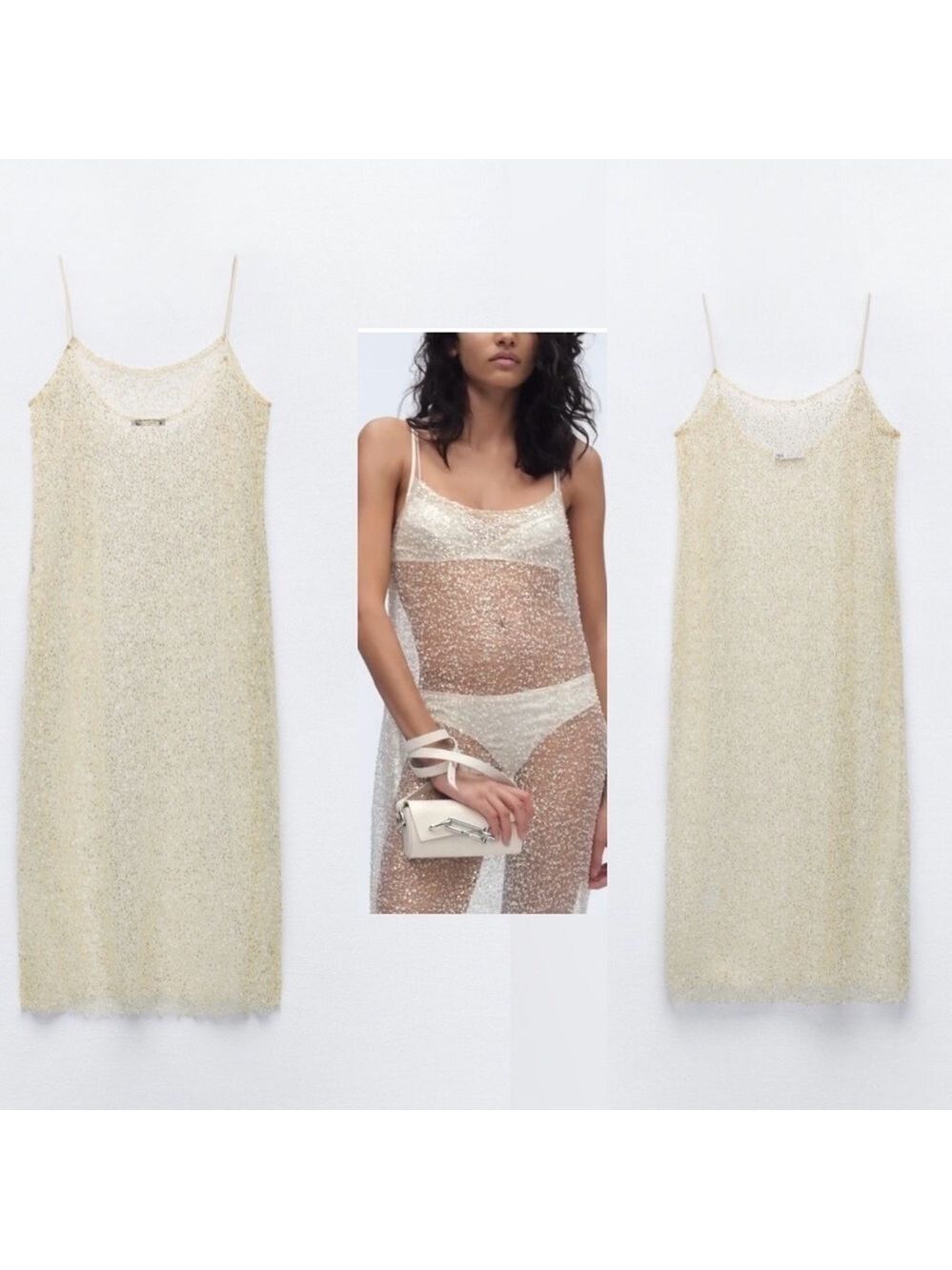 Zara Ivory Cream sequin beaded sheer spaghetti strap midi maxi dress Sz M NWOT